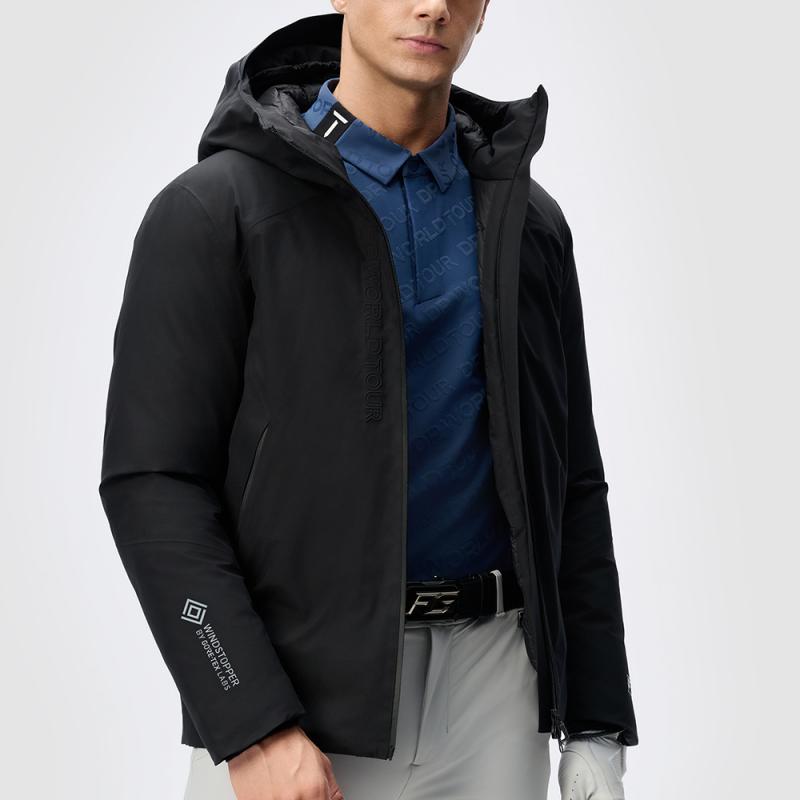 FILA Golf Series Solid Color Zipper Warm Hooded Down Jacket Men Outerwear Deep-Black A11M445919F-BK