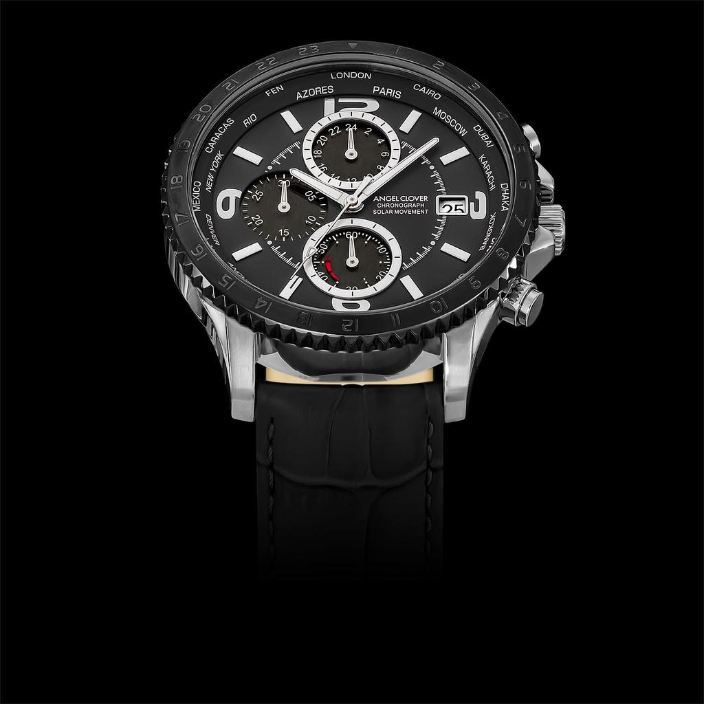 Mondo Solar Solar Chronograph Sapphire Glass Black Dial Black [Angel Clover] Men's NMOS44SBBK-BK