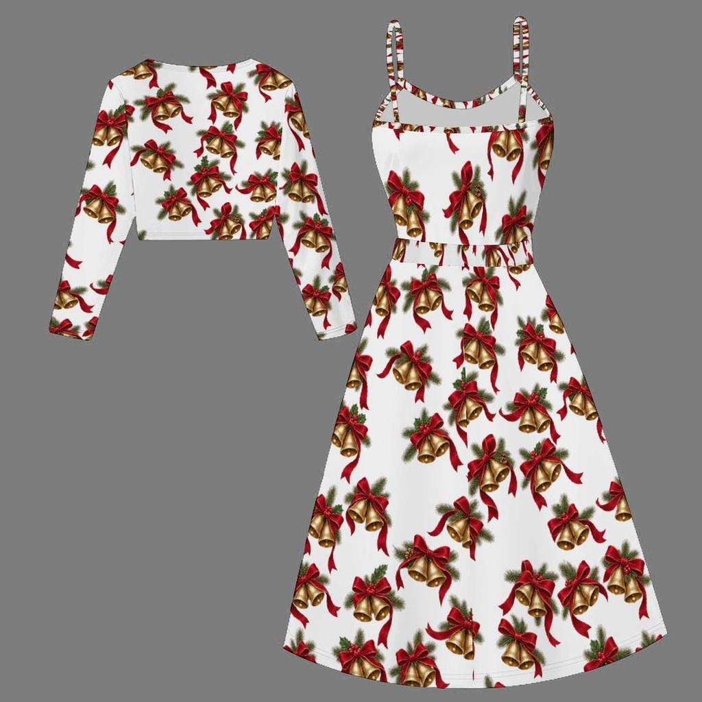 Women Plus Size Two Piece Set Long Sleeve Cropped Shrug Strappy Tie Waist Christmas Bear Printed White Dress