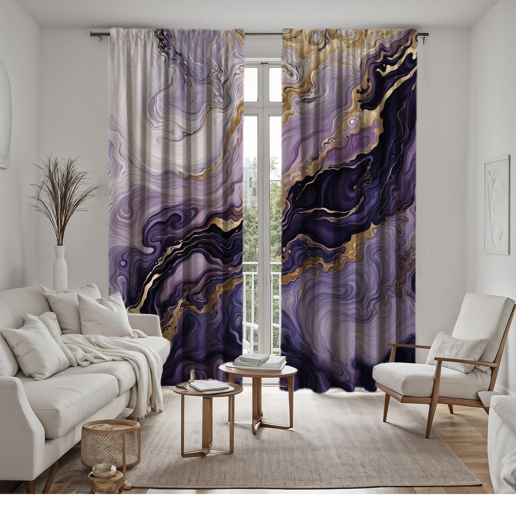 2pc Purple and gold wave pattern curtains   polyester fabric   machine washable   suitable for bedroom living room decoration