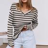 Women's Striped Color-blocked V-neck Pullover Long-sleeved Knit Top