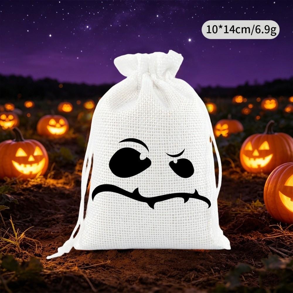 5Pcs Reusable Halloween Candy Bags Linen Halloween Gift Bags Spooky Face Pouches Trick or Treat