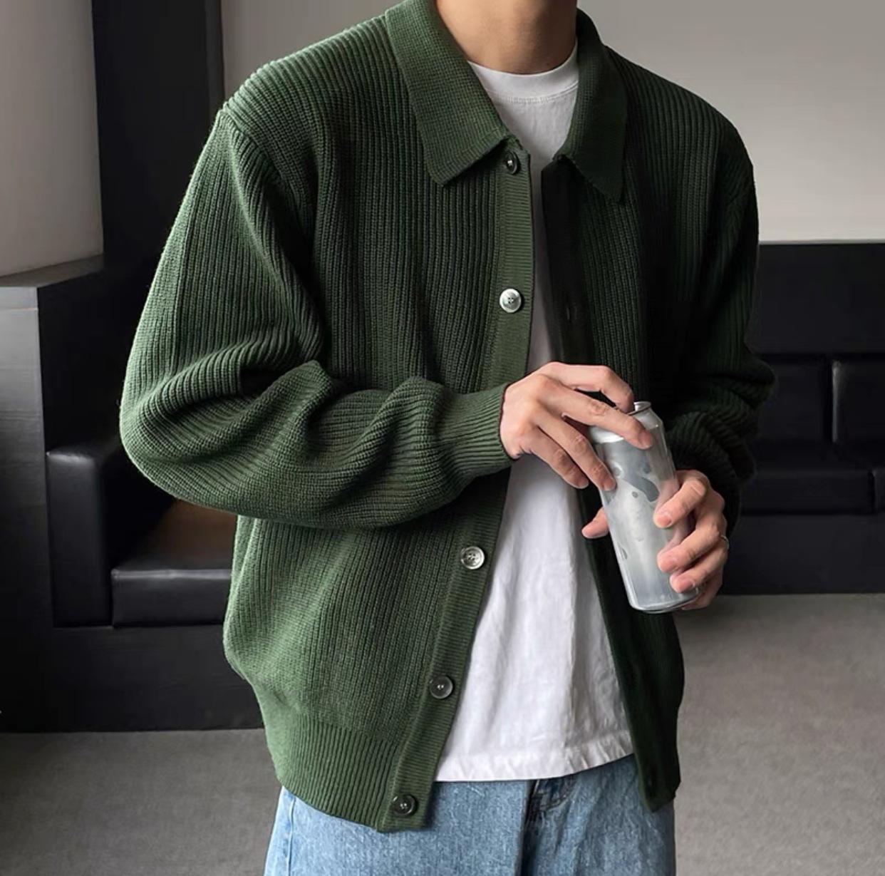 Herren Einfarbig Schlichter Hübscher Pullover Jugend Lässig Strickjacke L dunkelgrüne