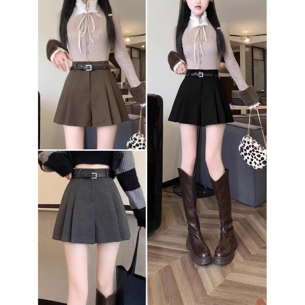 Woolen High-Waist Wide-Leg A-Line Shorts for Women, Petite Fit, Coffee Color, Perfect for Autumn and Winter