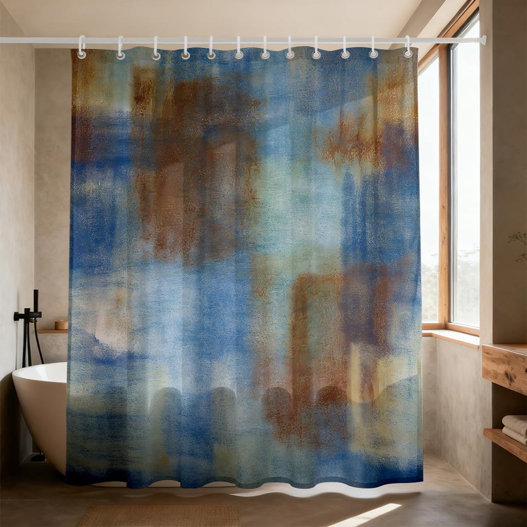 1Pc Color Block Printing Waterproof Privacy Partition Shower Curtain With 12 Hooks, Available In Various Sizes