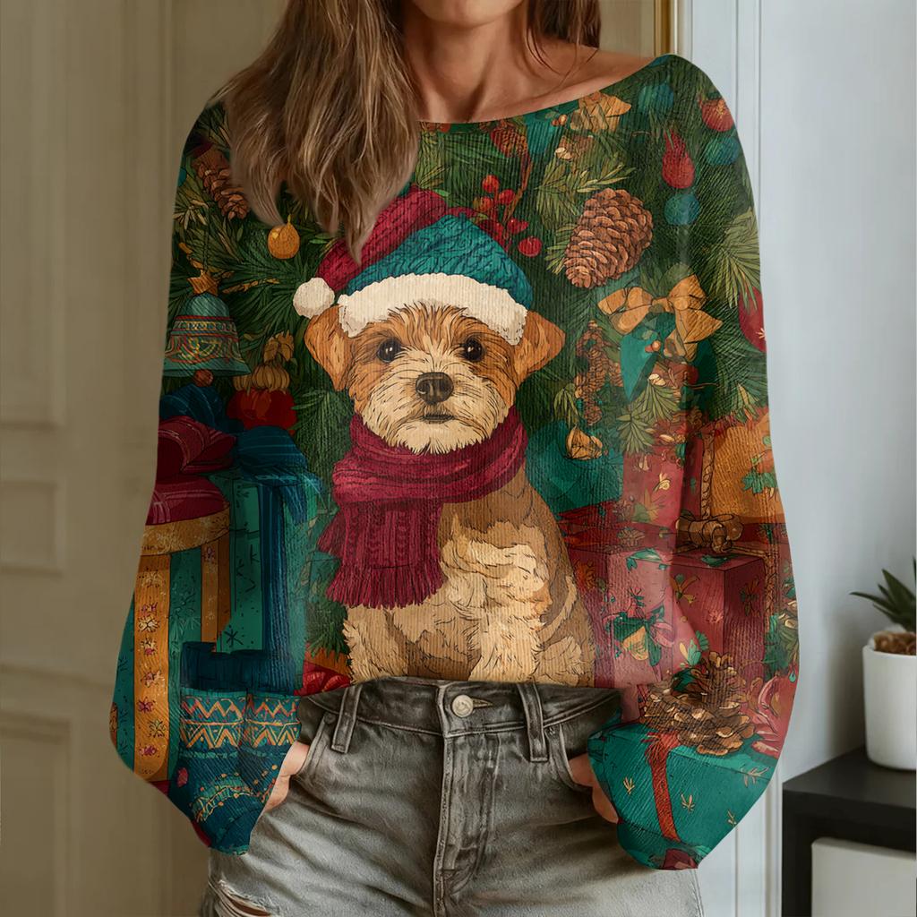 Maglia da donna alla moda a girocollo a maniche lunghe con stampa natalizia casual