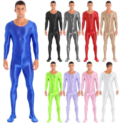 Pánská lesklá hladká celotělová trikotová kombinéza Body s dlouhým rukávem pro sportovní oblečení Fitness Rave Party Clubwear