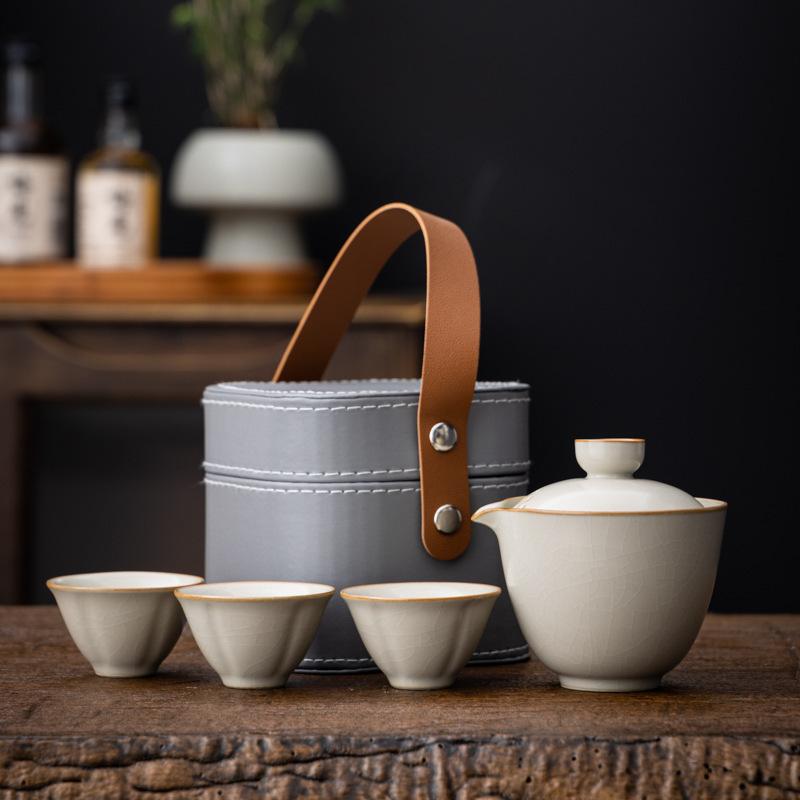 Ru Kiln Travel Set One Pot Three Cups Portable Quick Outdoor Tea Drinking Single Ceramic Teapot Cup
