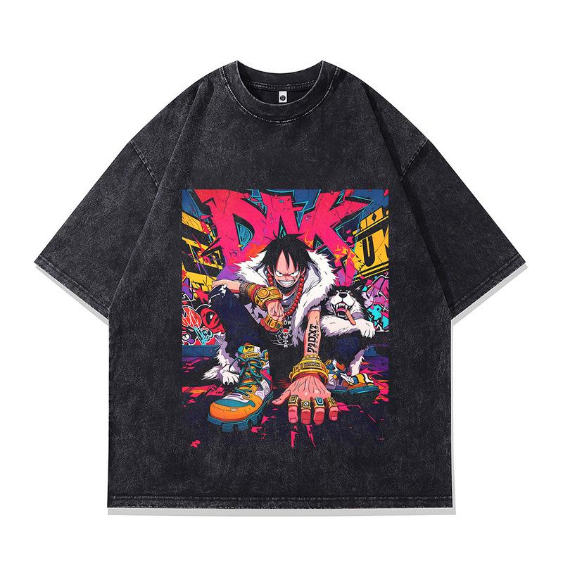 Men'S Washed Retro Old Short-Sleeved T-Shirt Japanese Animation Direct Injection Printing Loose Bottoming Shirt Men