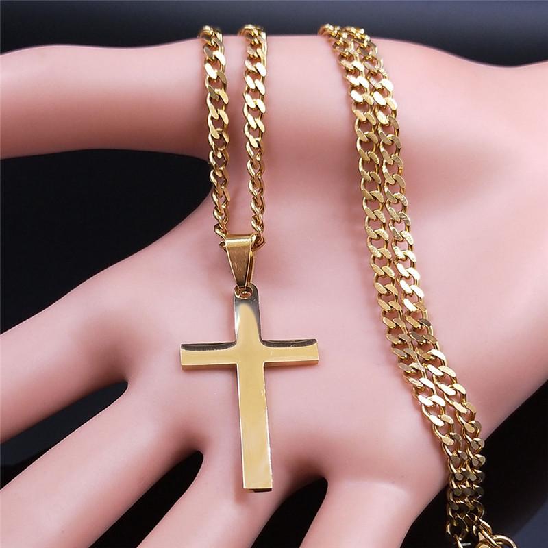 Christian Hip Hop Stainless Steel Jesus Cross Chain Necklace for Women Men Gold Color Statement Necklace Jewelry Collier Croix