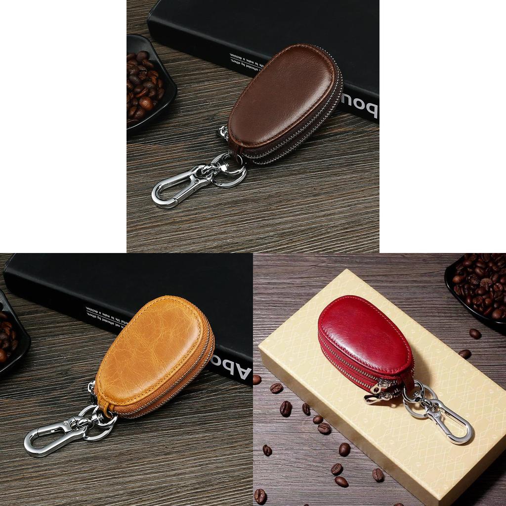 Leather Car Key Case With Double Zipper For Daily Use In Vintage Retro Style