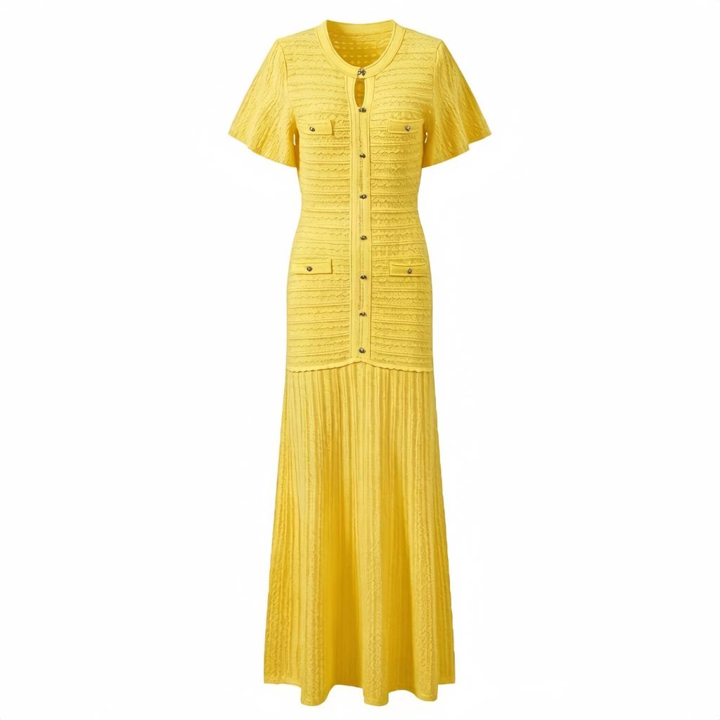 Summer Autumn Knitted Sweater Dress for Women Fashion Short Sleeve Single-breasted Hollow Out Elastic Simple Prom Dresses