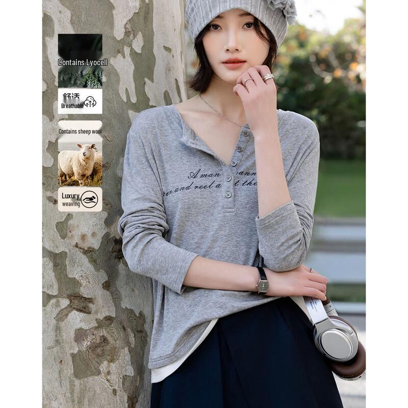 Demana Women s Wool Blend Letter Print Half-Open Collar T-Shirt XL