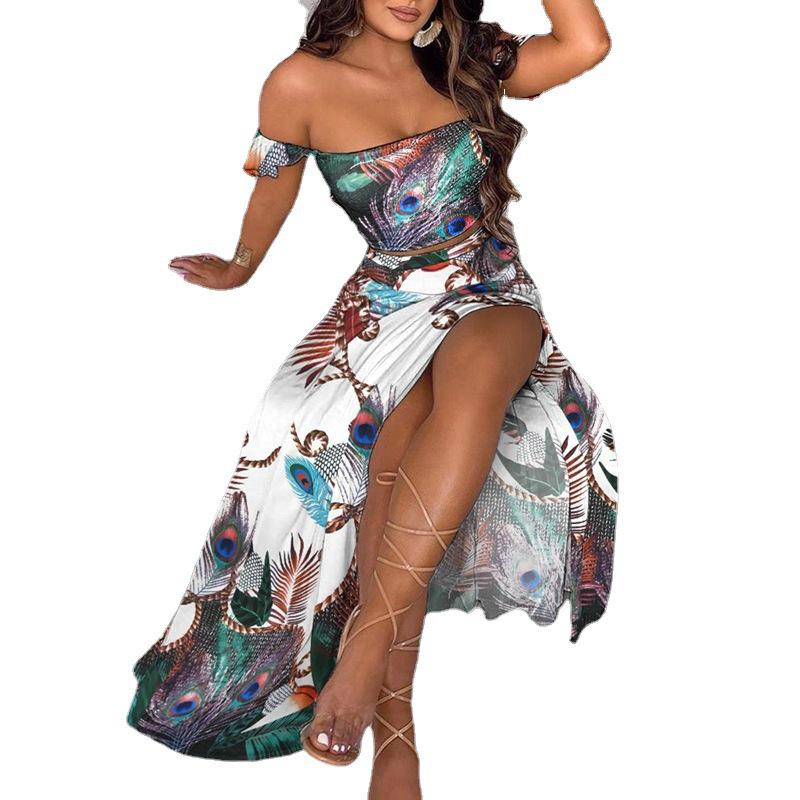 2024 European & American Summer Slim-Fit Strapless Bohemian Mid-Length Vintage Print Dress Set