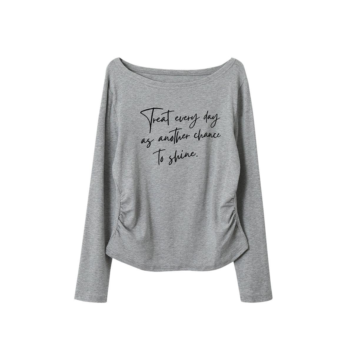 

Ou Fan Korean Casual One-Shoulder Letter Print Long-Sleeve T-shirt for Women - New Versatile Loose Top 11139 One Size