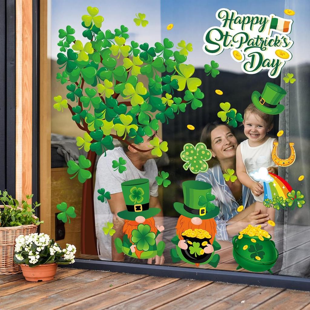 Whaline 6 Sheets St. Patrick's Day Window Clings Large Clover Tree Gnome Window Decals Double-Sided Green Shamrock Gold Co Windows Decor for Irish