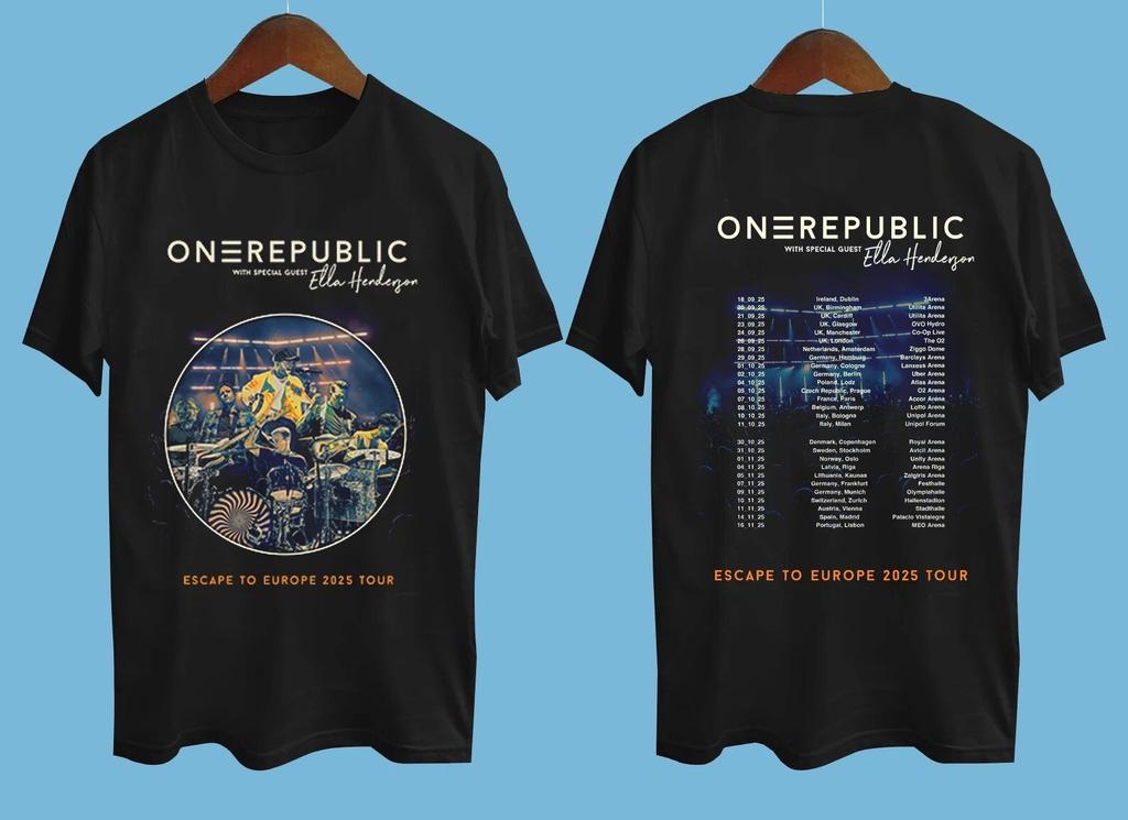OneRepublic Ucieczka do Europy 2025 Data Trasy Czarna Koszulka Wszystkie Rozmiary K945