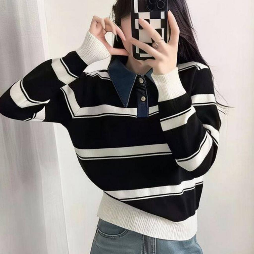 Age-reducing contrasting stripes long-sleeved Polo collar women's 1011 new autumn and winter lazy style Korean versatile sweater