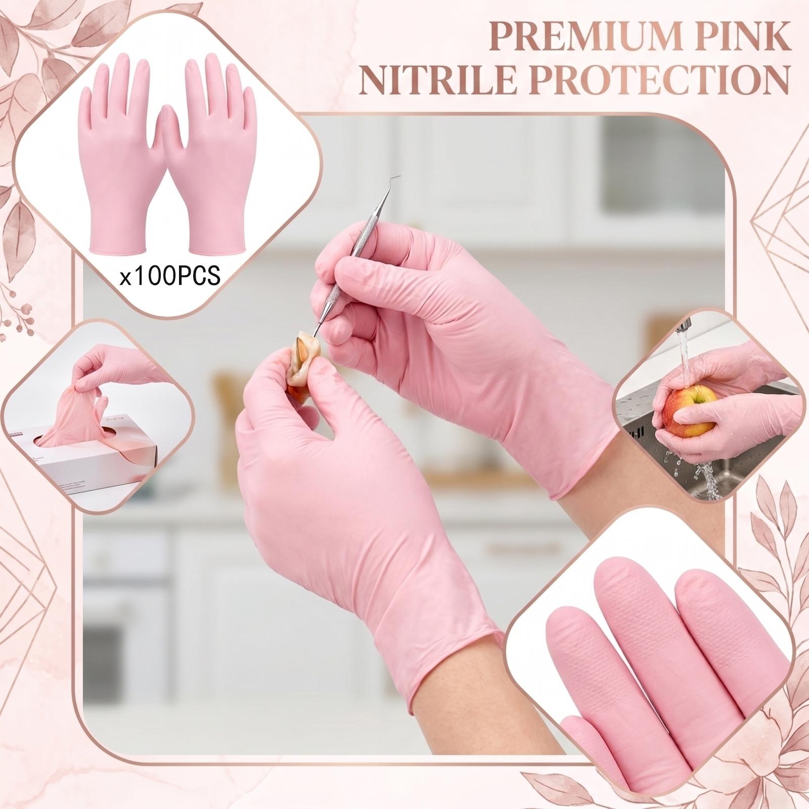 100PCS Medical Grade Durable Nitrile Gloves Powder Free Disposable Protective Gloves for Examination and Industrial Use M розовый