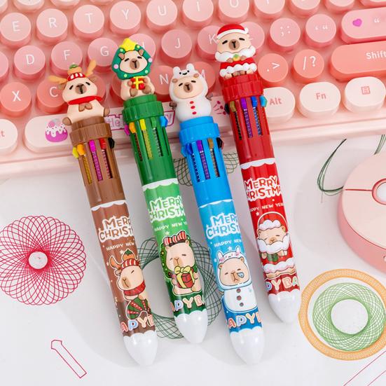 Christmas 10-Color Ballpoint Pen Santa Snowman Topper Designs Pen Multi-Color Writing Tool Fun Holiday Gift for Students Friends