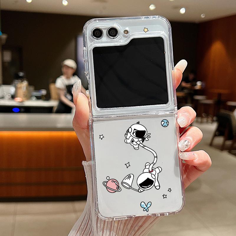 2pcs Astronaut Pattern Folding Shell For Samsung Galaxy Z Flip6 Flip5 Flip4 Flip3 Planet Clear Shockproof Slim Phone Case Cover