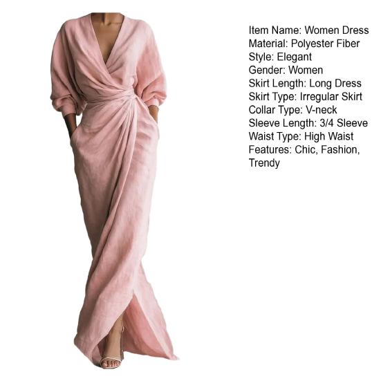Women's Split Wrap Maxi Dress 3/4 Sleeve V Neck Ruched Bodycon Long Dress Cocktail Party Wedding Guest Dress with Pockets