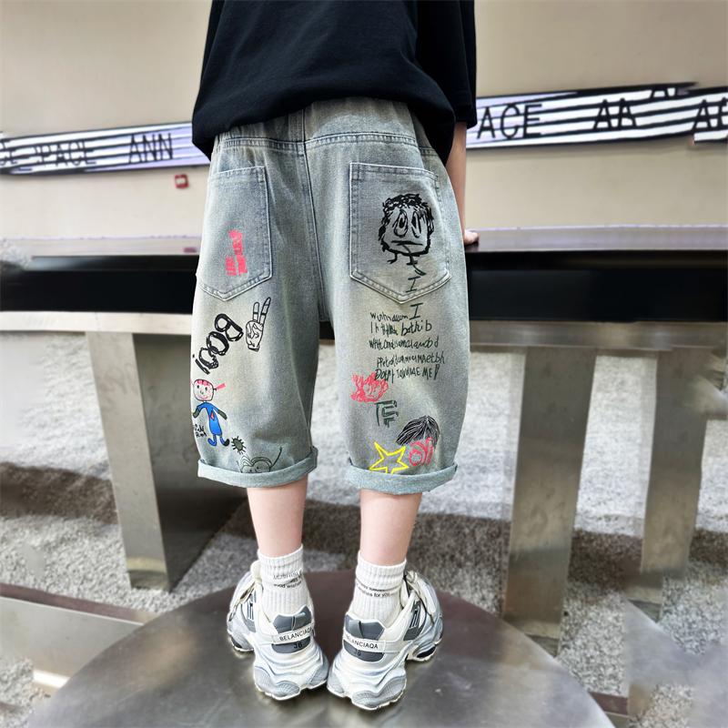 Kids Boys Graffiti Drawing Denim Shorts Elegant Children Casual Ripped Short Jeans Capris Pants