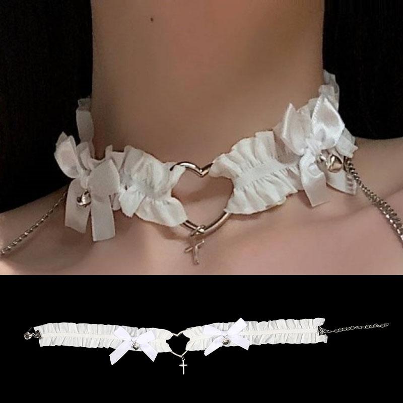 Women Punk Choker Lace Leg Chain Accessories Collarbone Chain Choker Jewelry Gifts Vintage Bow Heart Small Bell Cross Necklace