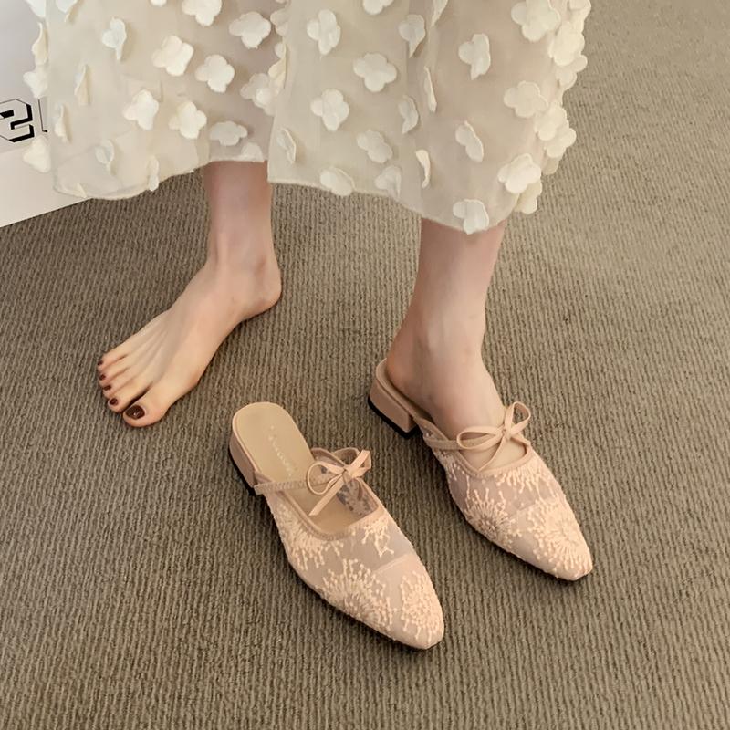 Fashion Shoes Woman 2025 Female Slippers Mules Sexy Butterfly-Knot Cover Toe Square Heel New Block Summer Slides Butterfly-knot Shoes Sq