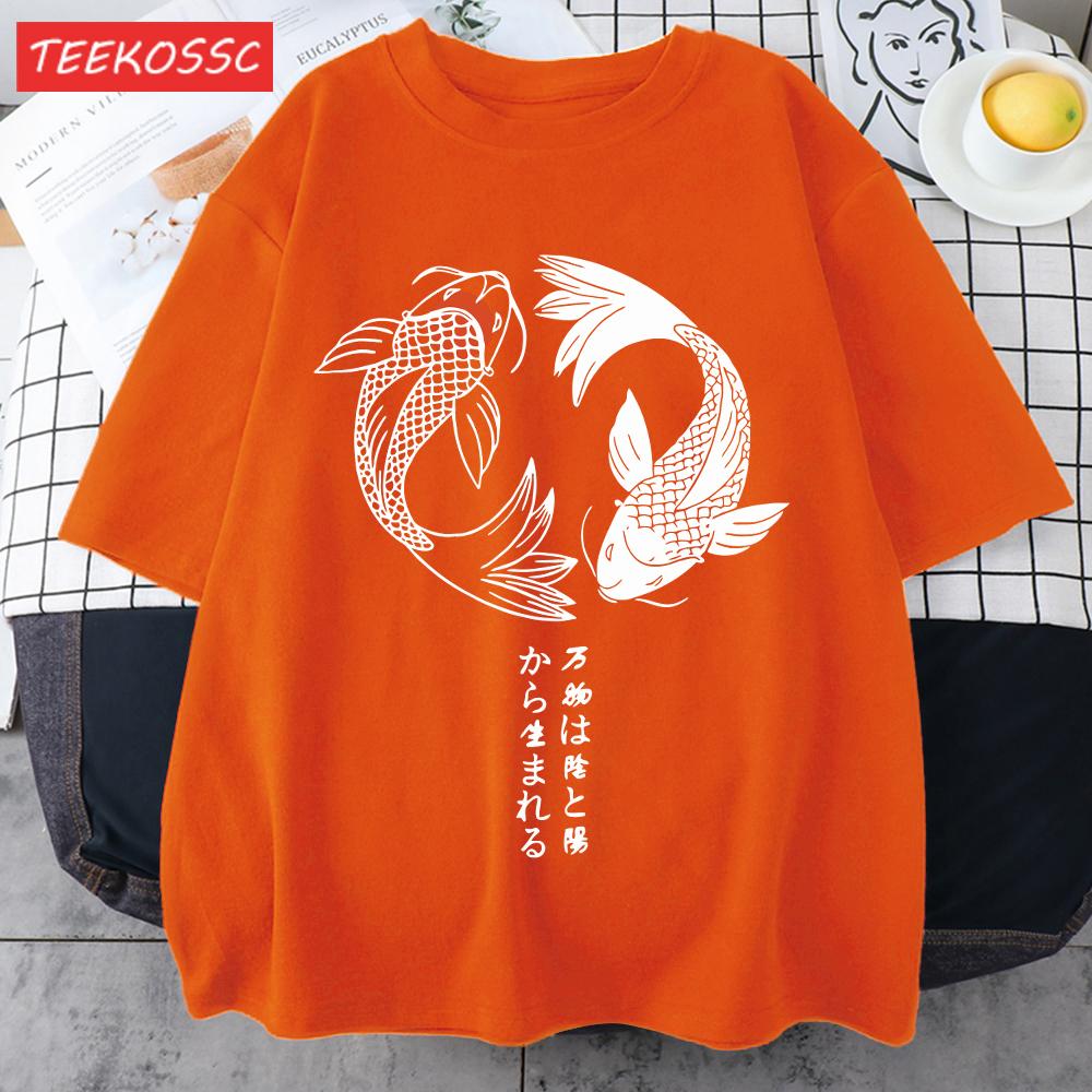 Two Koi Fish Swimming In Waterprint Men TShirts Cotton AllMatch T Shirt Comfortable Crewneck Tops Loose Unisex Summer Clothes