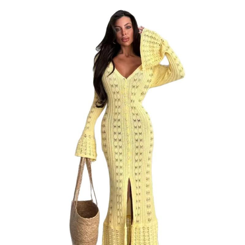 A New Solid-color Long Knitted Cardigan with Hollowed-out Flared Sleeves and A Laid-back V-neck Women's Blouse