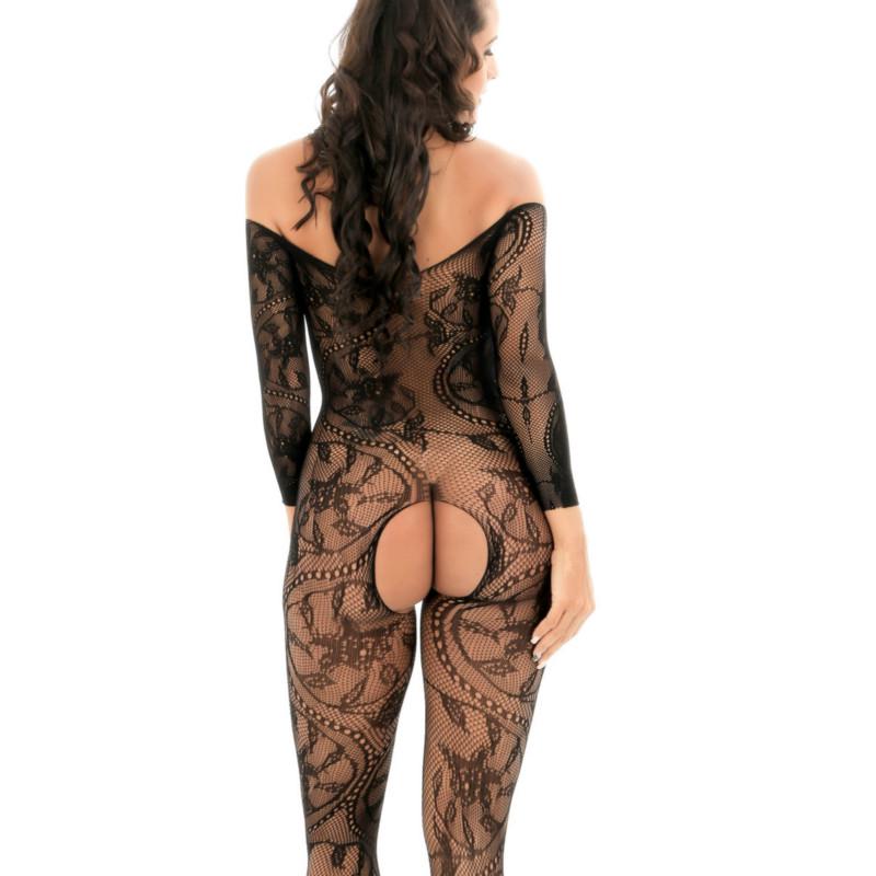 Jednoczęściowy, siateczkowy, aksamitny bodycon z długimi rękawami Dragon Flower Body Mujer Body