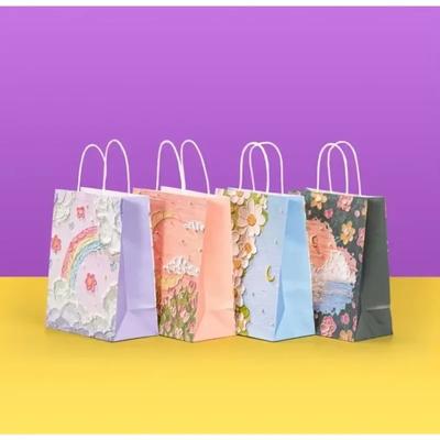 Valentines Day Oil Painting Style Kraft Paper Gift Bag with Handles for Milk Tea Bakery Takeout Student Present Packaging