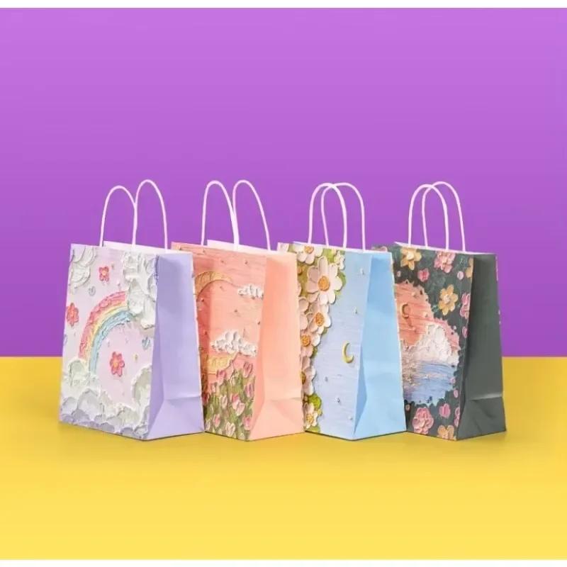 10-40PCS Valentines Themed Oil Painting Kraft Paper Bag with Handles for Milk Tea Bakery Takeout Student Gift Packaging