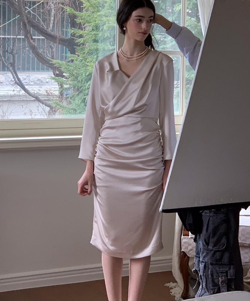 Neimkategoli Yves Draping Shirring Dress_Matte Beige