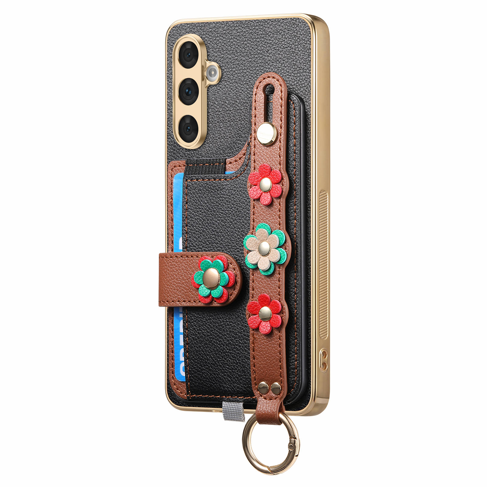 

W2 For Samsung Galaxy A54 5G Case Card Holder Leather Back Cover 3D Flower Wristband Black