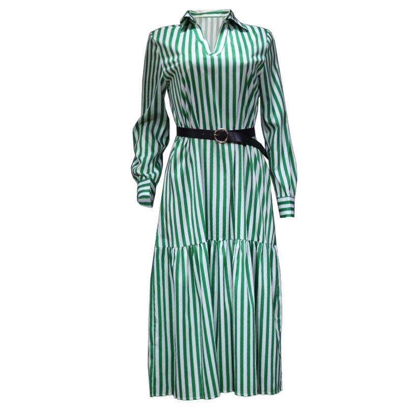 Spot Autumn New European and American Women's Clothing Long-sleeved V-neck Medium and Long Striped Dress
