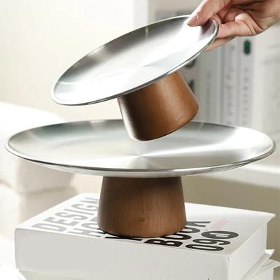Stainless Steel Table Plates Dinnerware Kitchen Fruit Bowl with Wooden Base Partitioned Candy Bread Cake Dessert Trays Tableware