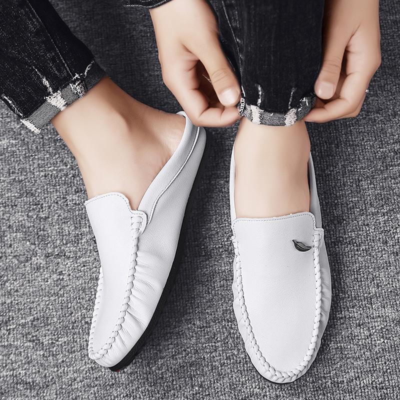 Large Size 39-46 Leather Mules Mens Backless Loafers Slippers Half Shoes For Men Closed Toe Sandals Man Semi-Drag Casual Shoes