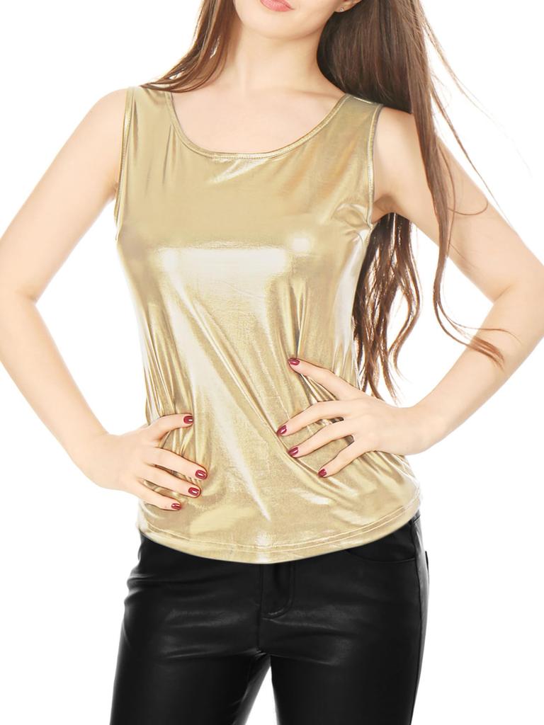 Allegra K Metallic Shiny Sleeveless Tank Size Perfect for Christmas Dance Costumes Women's Top, Gold, M,