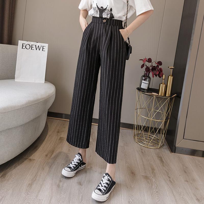 Summer Thin Wide Leg Pants Women's High Waist Nine-Tenths Straight Pants Spring Autumn Loose Stripe Trousers Blazer Pants