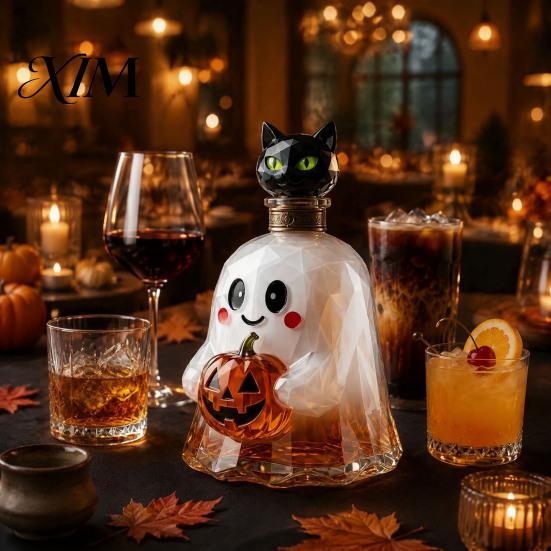 Creative Brandy Carafe Halloween Ghost Whiskey Decanter, Pumpkin And Cat Stopper Decor, High Shape Decanter Borosilicate Glass Wine Drinkware for Home