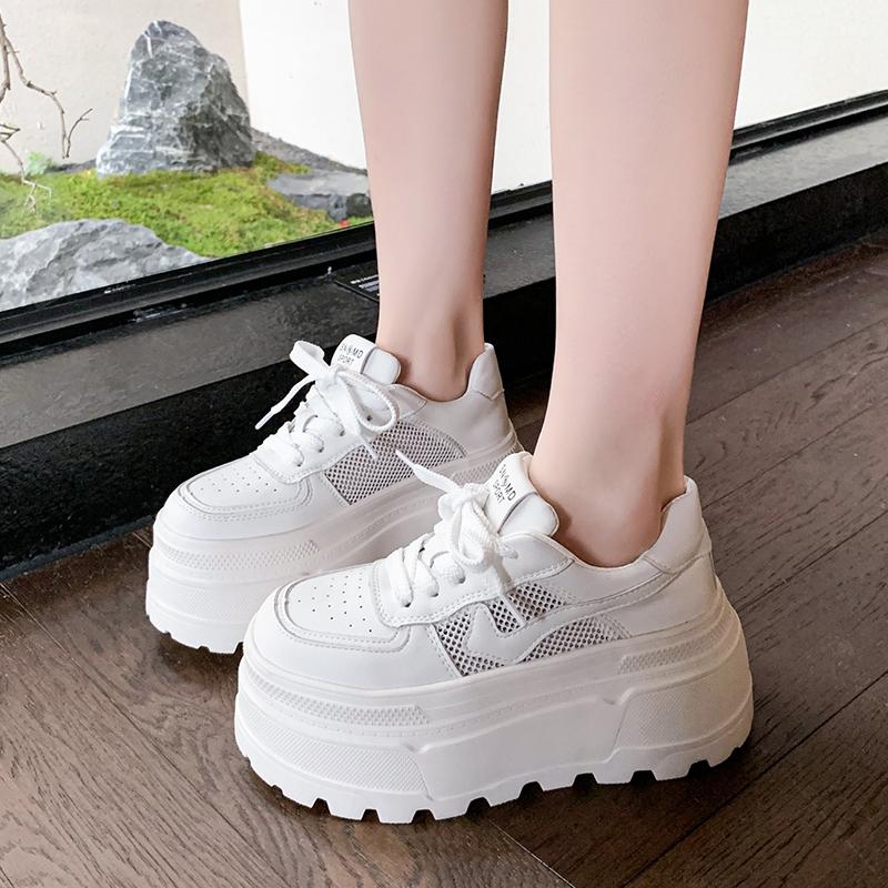 Fashion 8CM Women Hollow Mesh Chunky Sneakers Autumn Summer Platform Casual Shoes Lace-up Breathable Sports Shoes Woman Vulcanized Shoes
