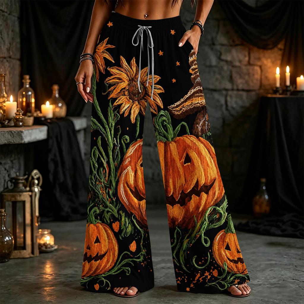 Damenmode lockere Hose mit weitem Bein, Halloween-Print und Taschen für den lässigen Alltagsgebrauch