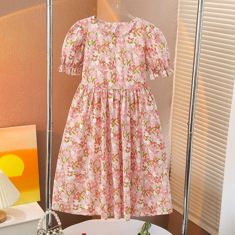 Girls' Summer Dress Cotton Dress Floral Puff Sleeve French Forest Oil Painting Style Sweet Cotton Dress