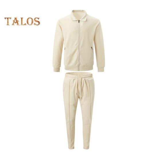 2Pcs/Set Men Outfit Lapel Long Sleeve Zipper Placket Coat Elastic Waist Adjustable Drawstring Long Pants Set