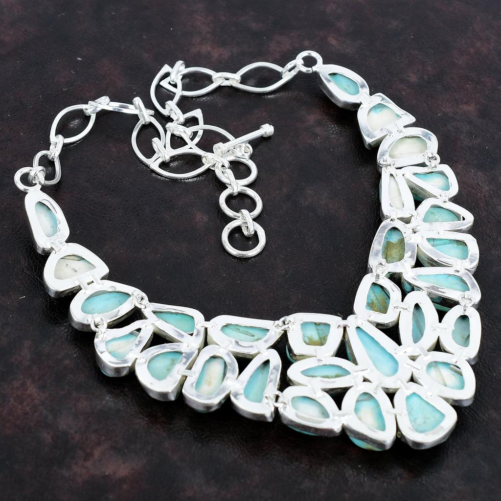 Colar de joias de prata esterlina 925 feito à mão com pedras preciosas de turquesa tibetana 18" AMN-658