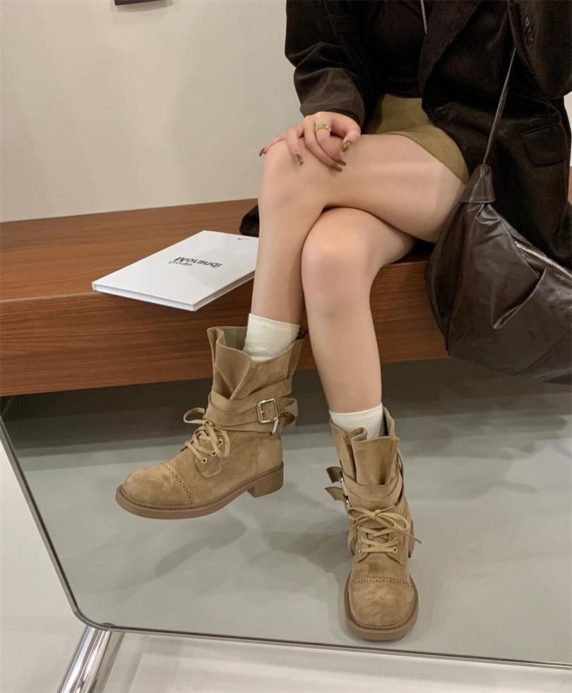 

4CM European and American fashion medium tube western boots 2025 autumn and winter new round head thick sole thick heel belt buckle knight boots women 39 хаки