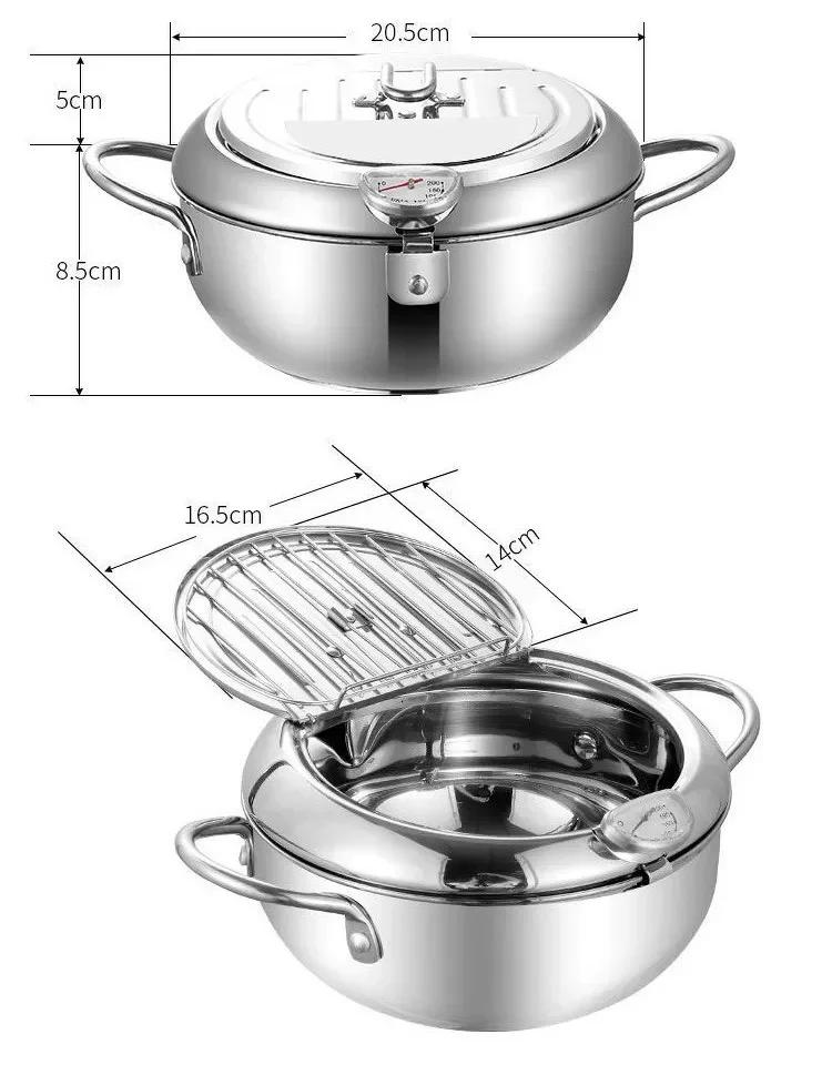 Japanese Deep Frying Pot with a Thermometer and a Lid 304 Stainless Steel Kitchen Tempura Fryer Pan 20 24 Cm
