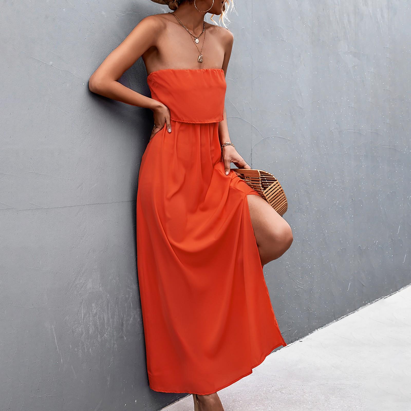 

Женское летнее сексуальное однотонное платье без косточек без косточек с цветочным принтом и однотонное платье без косточек L оранжевый